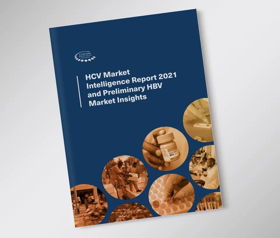 Report cover with CHAI logo at top left with title below that reads HCV Market Intelligence Report 2021 and Preliminary HPV Market Insights. Background is blue and circles with various images of HCV diagnostics inside, tinted yellow, run diagonally across the page.