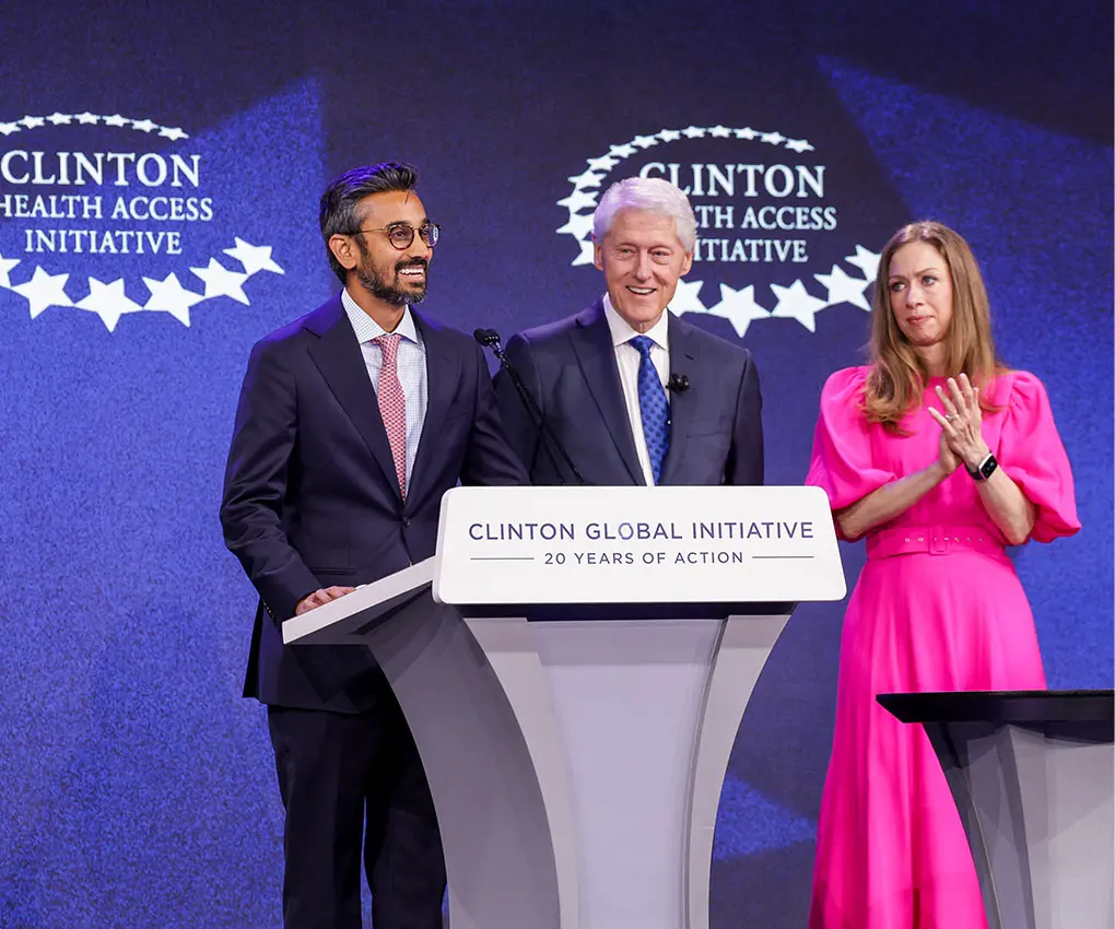 Buddy Shah, Bill Clinton, and Chelsea Clinton on stage at CGI 2025. Photo: Clinton Foundation
