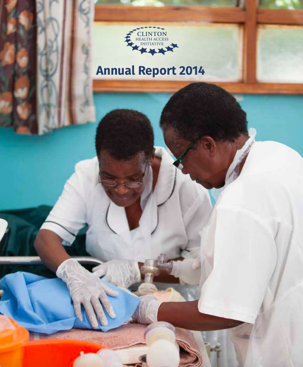 Health workers practice newborn resuscitation techniques on the cover of the 2014 annual report.