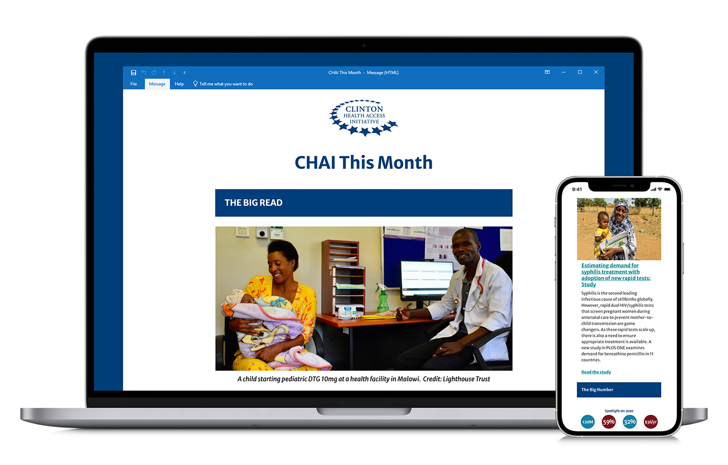 CHAI This Month on laptop and mobile devices Laptop and mobile device displaying the CHAI This Month newsletter.