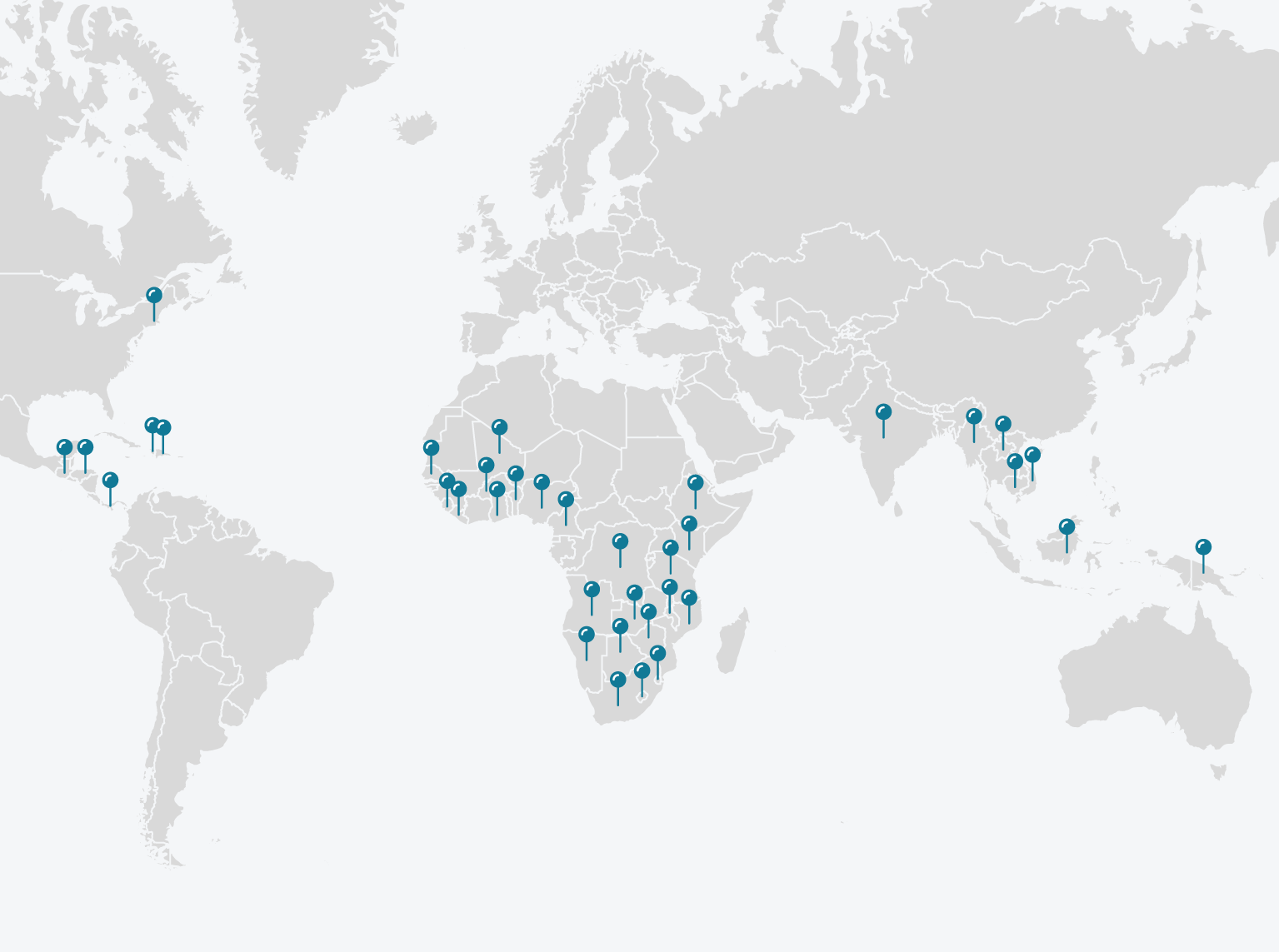 world-join-our-team A world map with blue pins marking the 35+ countries where CHAI operates programs around the world.