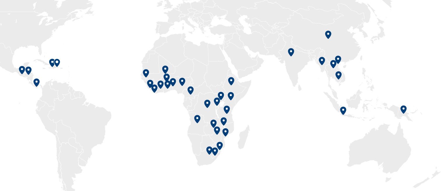 World map with markers indicated each country CHAI operates programs